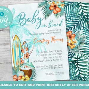 Conjunto de convite para chá de bebê de surf com livro e cartão de fralda, convite para impressão de chá de bebê de surf tropical, editável instantaneamente com Corjl