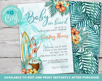 May include: A tropical-themed baby shower invitation with a blue and green background. The invitation features two surfboards with hibiscus flowers, a coconut with a straw, and palm leaves. The text on the invitation reads "Baby on Board" and "Courtney Thomas".
