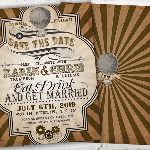 Steampunk Save The Date, Steampunk Wedding Announcement, Steampunk Wedding Invitations, Vintage Wedding, PRINTABLE, Victorian Invitation