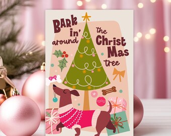Pack of 10 Mid Century Modern Barkin’ Around the Christmas Tree Cards, Retro Dachshund Dog Christmas Card  with Envelopes for Dog Owners