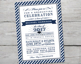 Navy Graduation Invitation, Navy and White 2017 Graduation Invitation Boy, PRINTABLE, Graduation Invitation 2017, Graduation Invites,