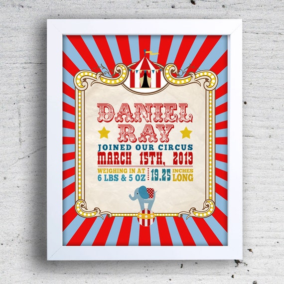 11 x 14" PRINTABLE Circus Carnival Birth Print, Circus Art Print, Circus decor, Circus Themed party, Circus Baby Shower, Circus Wall Art Il_570xn