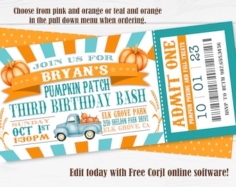 Pumpkin Patch Birthday Invitation for Girls, Pumpkin Patch Birthday Invite, EDITABLE, Pumpkin Patch Birthday Bash Party Invitation