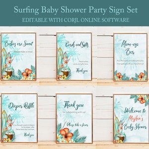 Puede incluir: Un conjunto de seis letreros enmarcados para una fiesta de bienvenida al beb&eacute; con tem&aacute;tica de surf. Los letreros presentan ilustraciones de acuarela de tablas de surf, palmeras y flores tropicales. El texto incluye "Babies are Sweet", "Cards and Gifts" y "Welcome to Meghan's Baby Shower."