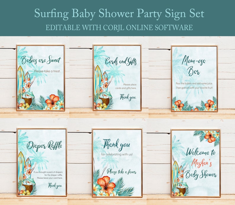 Puede incluir: Un conjunto de seis letreros enmarcados para una fiesta de bienvenida al beb&eacute; con tem&aacute;tica de surf. Los letreros presentan ilustraciones de acuarela de tablas de surf, palmeras y flores tropicales. El texto incluye "Babies are Sweet", "Cards and Gifts" y "Welcome to Meghan's Baby Shower."