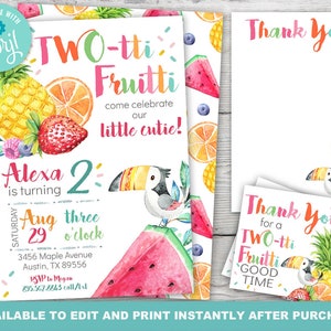 Twotti Fruitti Birthday Invitation, Twotti Frutti Birthday, Tutti Frutti Party, Tutti Frutti Invitation, Instantly Editable with Corjl