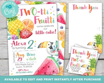 Twotti Fruitti Birthday Invitation, Twotti Frutti Birthday, Tutti Frutti Party, Tutti Frutti Invitation, Instantly Editable with Corjl