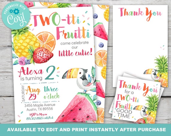 Twotti Fruitti Birthday Invitation, Twotti Frutti Birthday, Tutti Frutti Party, Tutti Frutti Invitation, Instantly Editable with Corjl Il_570xn