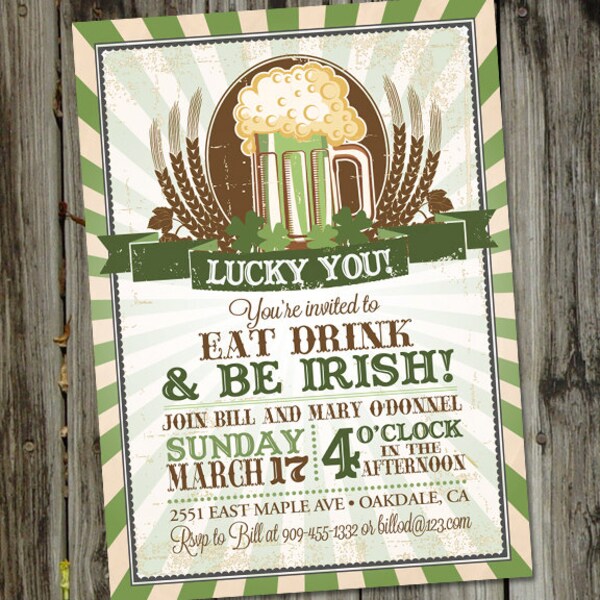 St. Patrick's Day Invitation, Luck of the Irish, St. Patty's Day, Green Beer PRINTABLE Irish Party Invitation, St Patricks Day Invitation