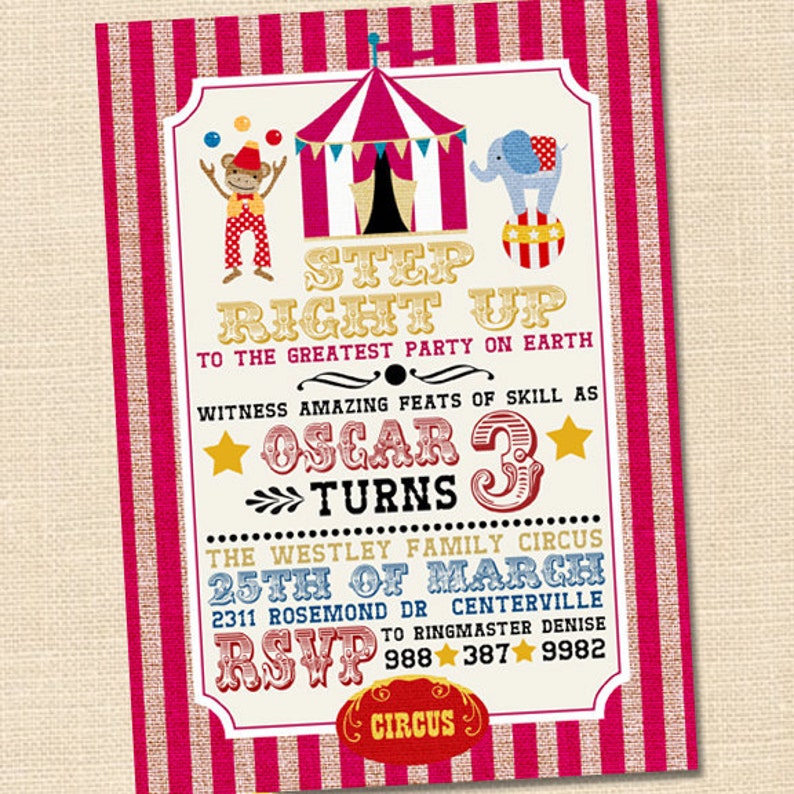 Fete Danniversaire Invitation Fete Sur Le Theme Du Cirque Etsy Fete Danniversaire Invitation Fete Sur Le Theme Du Cirque Etsy