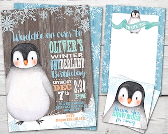 May include: A blue and brown invitation with a penguin illustration. The invitation reads "Waddle on over to Oliver's Winter Onederland Birthday" with the date and time "Saturday Dec 7th 2:30 PM".