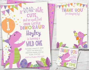 Dinosaur Girl Birthday Invitation Set for a Dinosaur Birthday Party, PRINTABLE, Girl Dinosaur 1st Birthday Invite, Pink Dinosaur Invitation