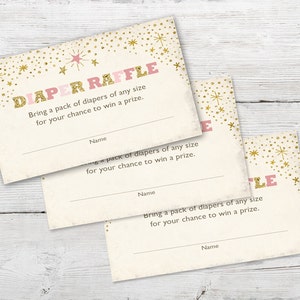 May include: Three pink and gold "Diaper Raffle" cards with a gold star design. Each card has a line for a name and the text "Bring a pack of diapers of any size for your chance to win a prize."
