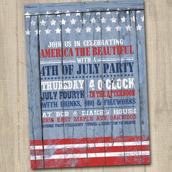 rustic vintage red white and blue printable fourth of july invitation on wood style background fourth of july invitation