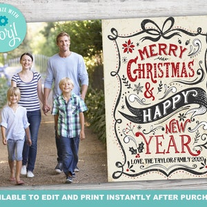 Moderne vintage kerstfotokaart, kerstfotokaarten AFDRUKBAAR, vakantiefotokaart digitaal, direct bewerkbaar met Corjl