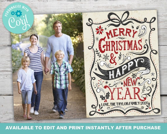 Modern Vintage Christmas Photo Card, Christmas Photo Cards PRINTABLE, Holiday Photo Card Digital, Instantly Editable with Corjl Il_570xn
