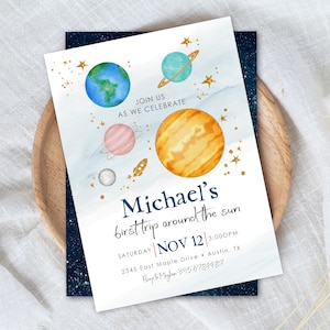 First Trip Around the Sun Editable Birthday Invitation | Outer Space First Birthday Invite |  Galaxy Blast Off Printable Template  Corjl