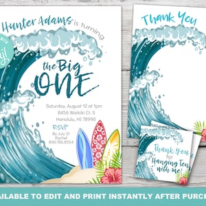 May include: A blue and white invitation with a large wave and surfboards. The text reads "Hunter Adams is turning the Big One" and includes details for a party on August 12th at 1pm. A thank you card with the same wave design reads "Thank You for Hanging Ten with me!"