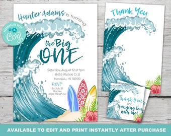 May include: A blue and white invitation with a large wave and surfboards. The text reads "Hunter Adams is turning the Big One" and includes details for a party on August 12th at 1pm. A thank you card with the same wave design reads "Thank You for Hanging Ten with me!"