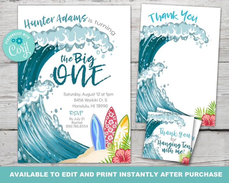May include: A blue and white invitation with a large wave and surfboards. The text reads "Hunter Adams is turning the Big One" and includes details for a party on August 12th at 1pm. A thank you card with the same wave design reads "Thank You for Hanging Ten with me!"