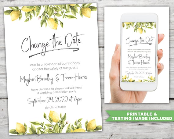 Change the Date Wedding Announcement, Lemon Change the Date Card PRINTABLE and TEXT Image, Lemon Themed Party Change The Date Il_570xn
