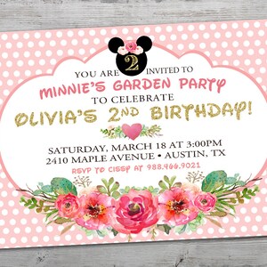 May include: A pink polka dot invitation for a Minnie Mouse-themed garden party. The invitation features the text "Minnie's Garden Party" and "Olivia's 2nd Birthday!" with floral and heart accents. The date and time are also included.