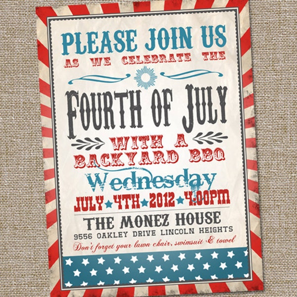 Fourth of July Invitation, Vintage Fourth of July Invitation, Patriotic Invitation, PRINTABLE, 4th of July Invitation, 4th of July Party