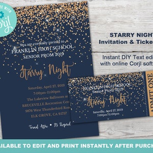 Starry Nights Invitation, Starry Night Theme, Prom Invitations and Tickets, Prom Invitation with ticket, Instantly Editable with Corjl