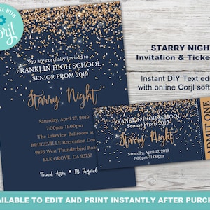 Starry Nights Invitation, Starry Night Theme, Prom Invitations and Tickets, Prom Invitation with ticket, Instantly Editable with Corjl