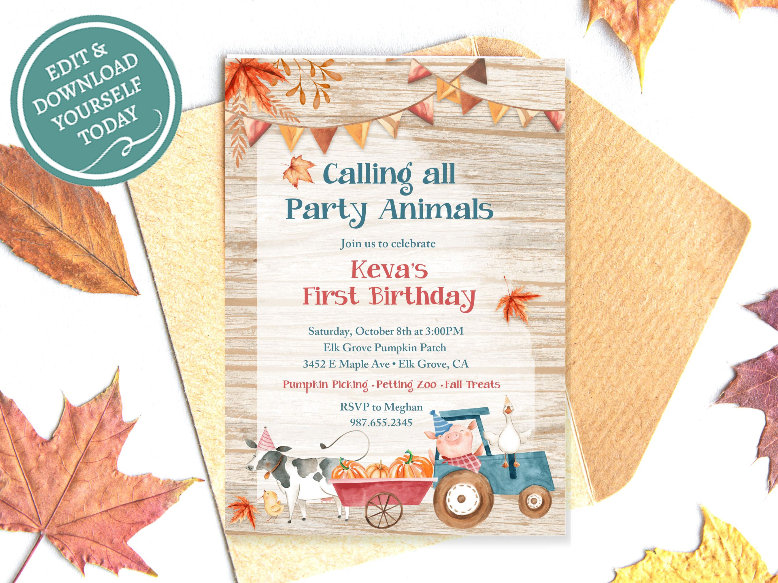 Pumpkin Patch Birthday Invitation for Girls | Pumpkin Patch Birthday Invite | Fall Birthday Party Invitation | Farm Animals Birthday Party