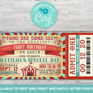 Circus Ticket Invitation, Vintage Circus Invitation, Vintage Circus Party, Circus Ticket Birthday Invite, Instantly Editable with Corjl