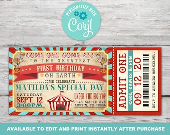 Circus Ticket Invitation, Vintage Circus Invitation, Vintage Circus Party, Circus Ticket Birthday Invite, Instantly Editable with Corjl