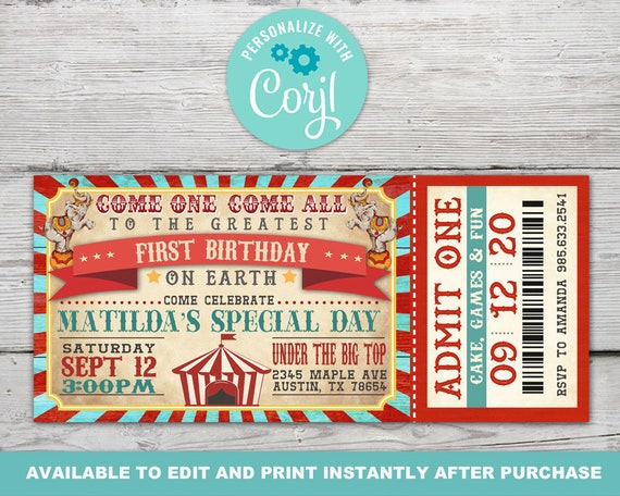 Circus Ticket Invitation, Vintage Circus Invitation, Vintage Circus Party, Circus Ticket Birthday Invite, Instantly Editable with Corjl Il_570xn