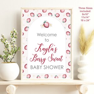 Editable Berry Sweet Baby on the Way Shower Party Poster, Strawberry Baby Shower Decorations, Berry Sweet Party Decor, Strawberry Party Sign image 2