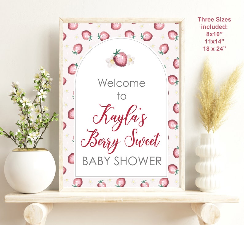 Editable Berry Sweet Baby on the Way Shower Party Poster, Strawberry Baby Shower Decorations, Berry Sweet Party Decor, Strawberry Party Sign image 2