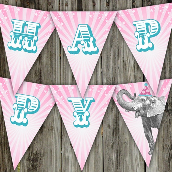 Happy Vintage Elephant Printable Happy Birthday Party Banner Il_570xn