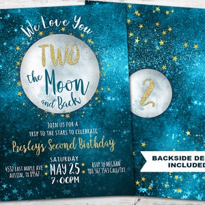 Two the Moon Invitation, Two the Moon Birthday Invitation PRINTABLE, Two the Moon and Back Birthday Invite, To the Moon and Back Birthday image 1