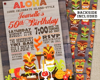 Invitación de fiesta Tiki, Retro Tiki Aloha Luau Party Invitation Set / Invitación de fiesta Luau imprimible