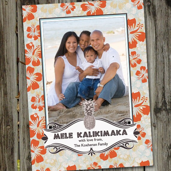 Hawaiian Photo Card, Christmas Photo Card, Mele Kalikimaka, PRINTABLE, DIGITAL, Holiday Photo Card, Beach Holiday, Photo Card Template Il_570xn