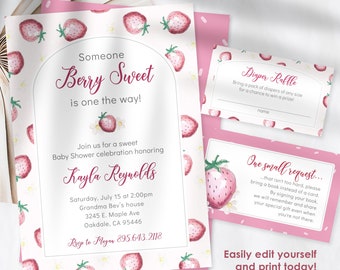 Editable Berry Sweet Strawberry Baby Shower Invitation Set, Berry Sweet Baby on the Way Invite, Berry Sweet Invitation, Printable Invite