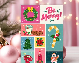 Be Merry Christmas Cards Pack of 10 | Retro Modern Holiday Greetings with Envelopes