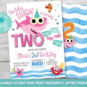 Little Shark Two Two Two Birthday, Little Shark Birthday Invitation, Shark Baby Invitation, Instantly Editable with Corjl