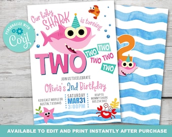 Little Shark Two Two Two Birthday, Little Shark Birthday Invitation, Shark Baby Invitation, Instantly Editable with Corjl