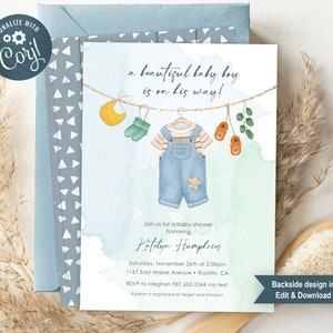 Boy Baby Shower Invitation | Boy Baby Clothes Shower Invite | Boho Baby Shower | Baby Clothes Shower Editable Template Invitation