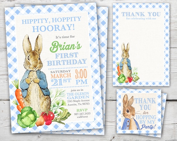 Peter Rabbit First Birthday Invitation, Peter Rabbit Thank You Card, Peter Rabbit Birthday PRINTABLE, Easter First Birthday Invitation Il_570xn