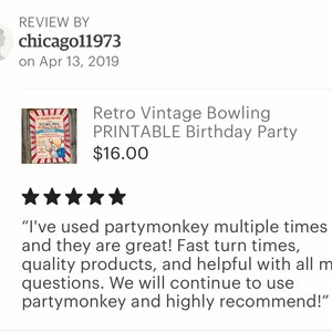 Peut inclure: A critique d'une invitation de f&ecirc;te d'anniversaire imprimable sur le th&egrave;me du bowling r&eacute;tro. L'invitation pr&eacute;sente un code couleur rouge, blanc et bleu avec des quilles et une boule de bowling. Le texte indique "Retro Vintage Bowling PRINTABLE Birthday Party".