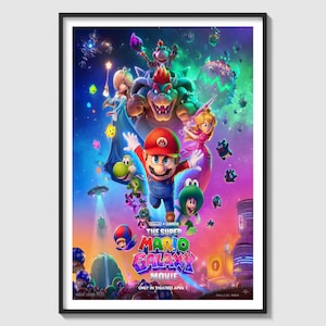 May include: A framed movie poster for "The Super Mario Bros. Movie." The colorful image features Mario, Peach, Bowser, Yoshi, and other characters from the video game franchise. The poster has a black frame.