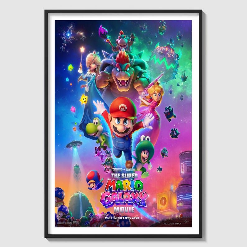 May include: A framed movie poster for "The Super Mario Bros. Movie." The colorful image features Mario, Peach, Bowser, Yoshi, and other characters from the video game franchise. The poster has a black frame.