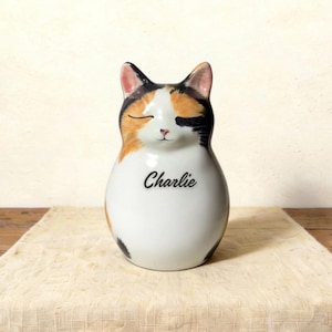 Calico Cat Urn Ceramic Handmade Pet Memorial Tri Color Kitty Shape Urns Figurine Commissioned for Cat Ashes Keepsake Custom Pottery Tribute
