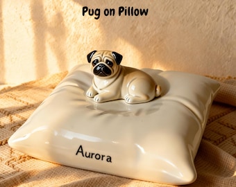 Urna de cerámica personalizada con figura de perro pug, recipiente conmemorativo para cenizas, soporte para almohada